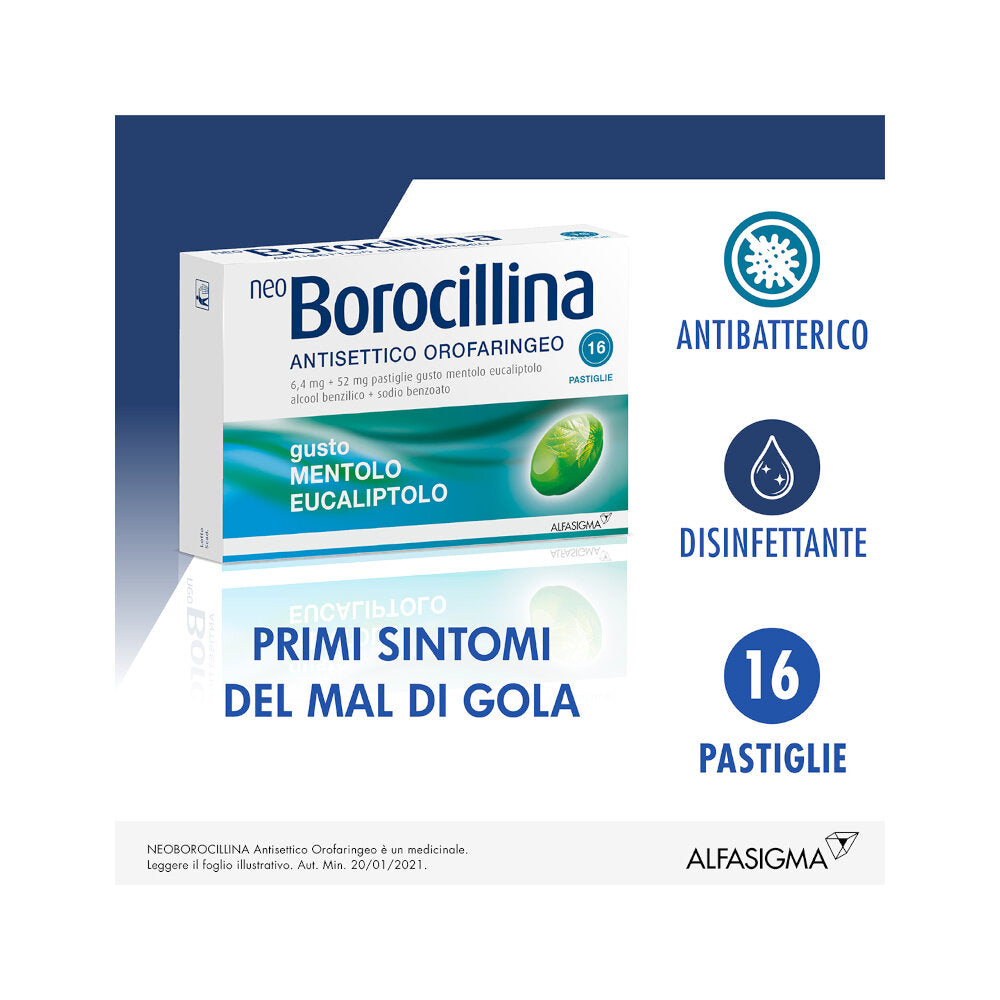 Neoborocillina Antisettico Orofaringeo 16 pastiglie gusto mentolo e eucaliptolo-4
