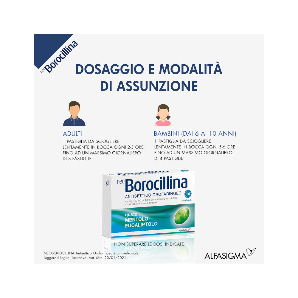 Neoborocillina Antisettico Orofaringeo 16 pastiglie gusto mentolo e eucaliptolo-6