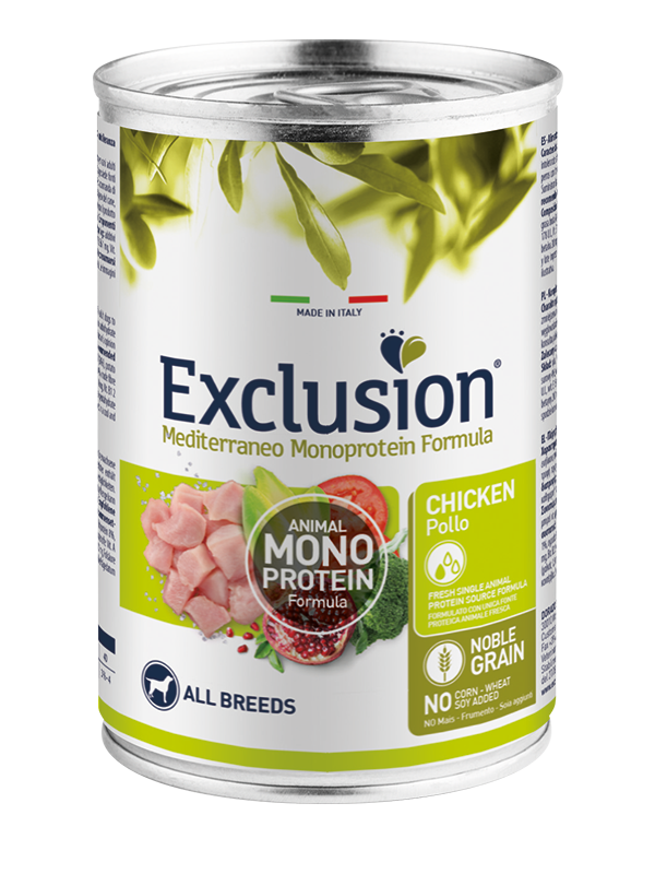 Exclusion Mediterraneo Monoprotein Noble Grain Umido Al Pollo Per Cani Lattina 400g-1