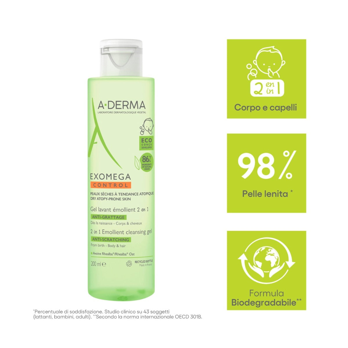 A-Derma Exomega Control gel detergente emolliente 2 in 1 corpo e capelli pelle secca 200ml-12