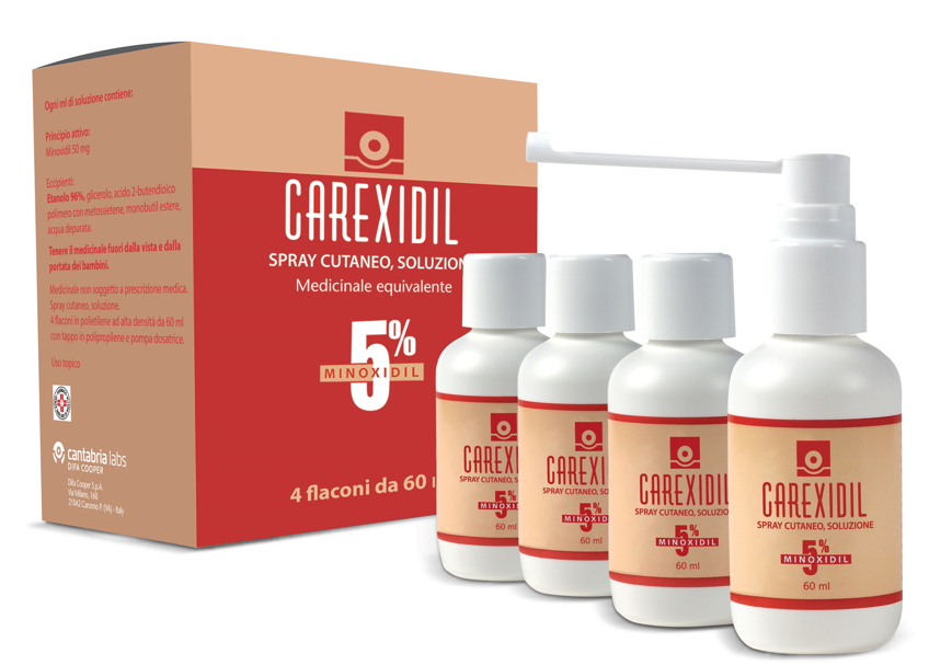 Carexidil 5% Spray Cutaneo Soluzione, 4 Flaconi in Hdpe da 60 ml con Pompa Dosatrice-1