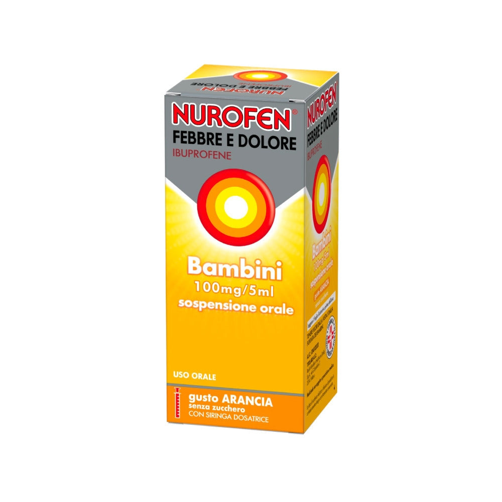 Nurofen Febbre e dolore per bambini uso orale 100 mg / 5ml gusto arancia 150ml con siringa dosatrice-0