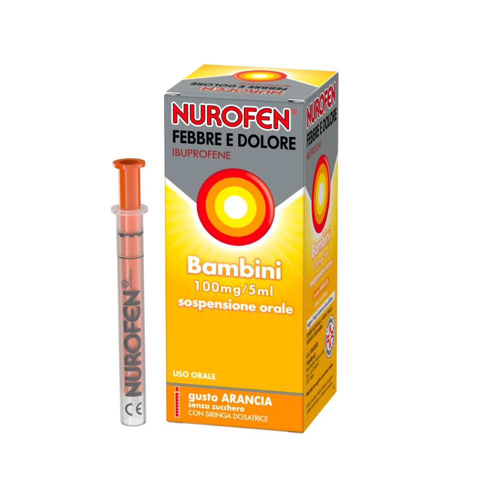 Nurofen Febbre e dolore per bambini uso orale 100 mg / 5ml gusto arancia 150ml con siringa dosatrice-2