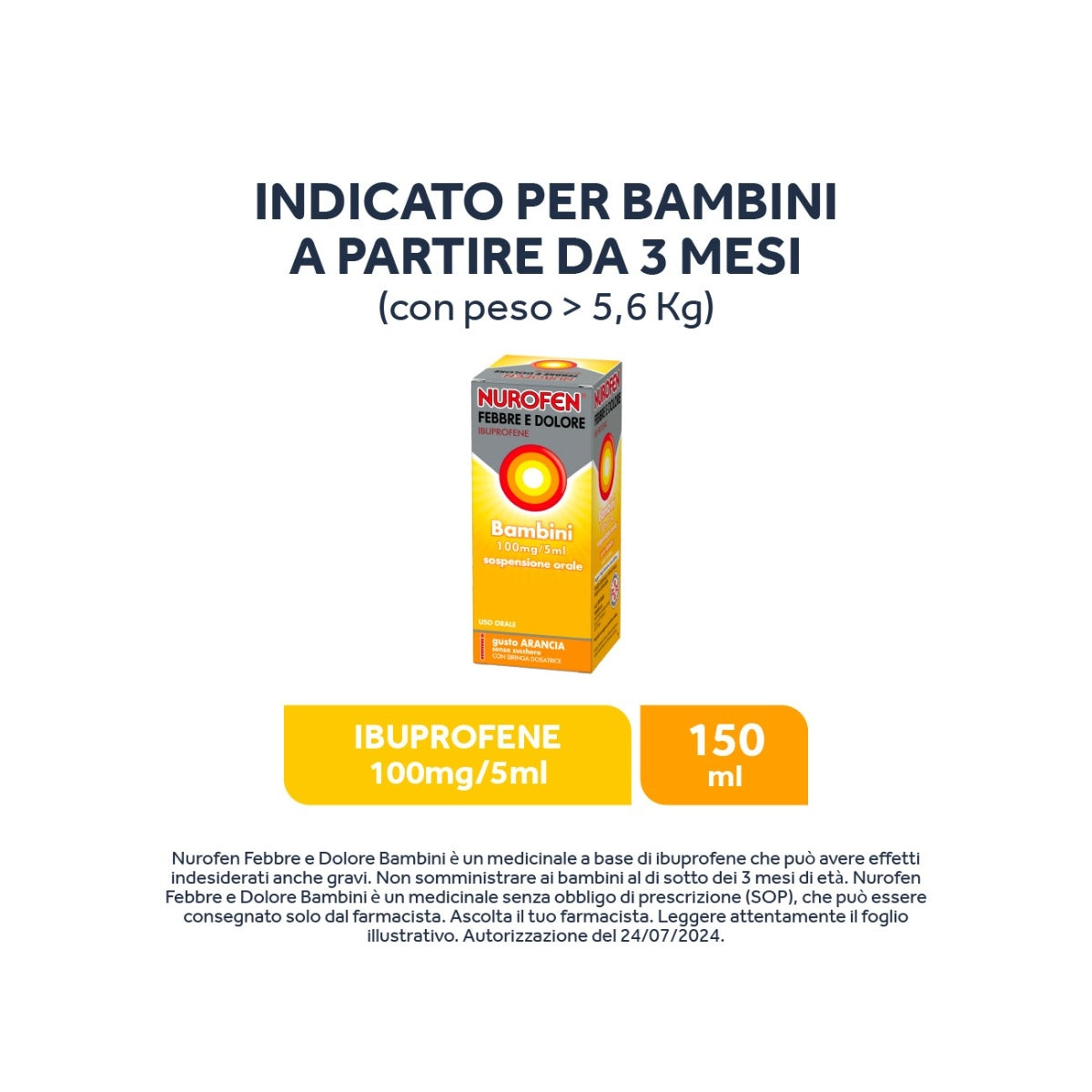 Nurofen Febbre e dolore per bambini uso orale 100 mg / 5ml gusto arancia 150ml con siringa dosatrice-4