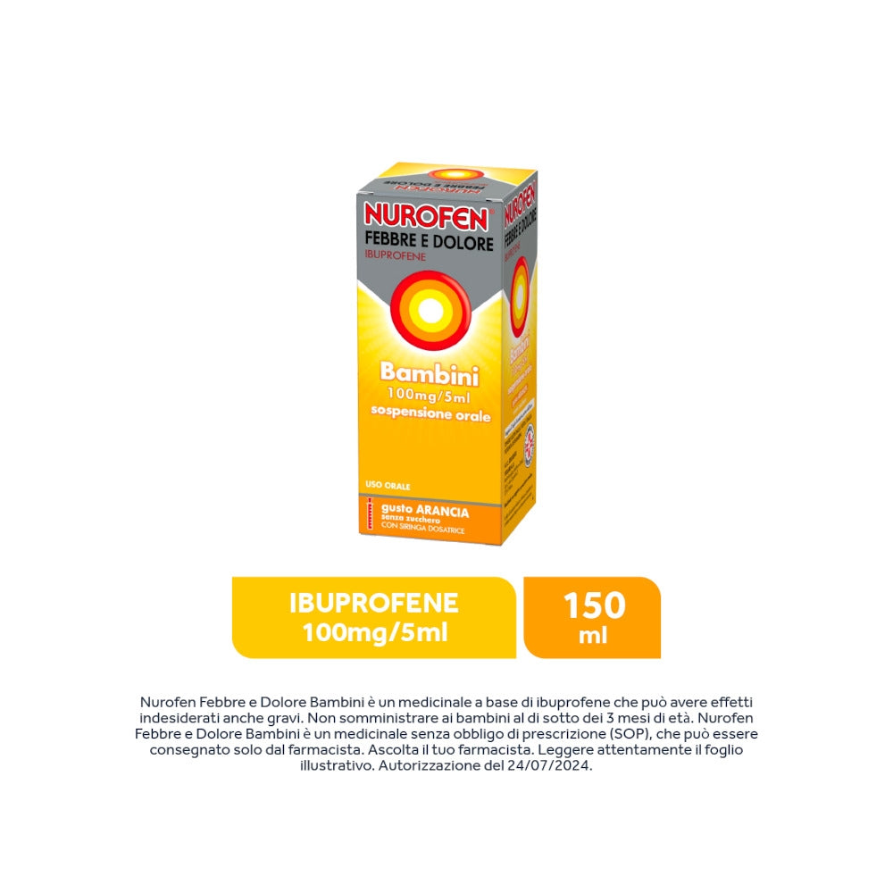 Nurofen Febbre e dolore per bambini uso orale 100 mg / 5ml gusto arancia 150ml con siringa dosatrice-5