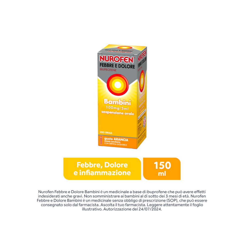 Nurofen Febbre e dolore per bambini uso orale 100 mg / 5ml gusto arancia 150ml con siringa dosatrice-11
