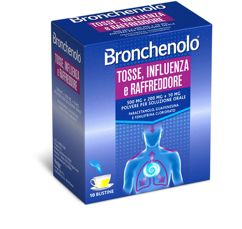 Bronchenolo Tripla Azione contro Tosse Influenza e Raffreddore 10 Bustine 500mg + 200mg + 10mg-1