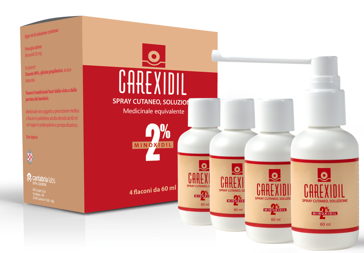 Carexidil 2% Spray Cutaneo Soluzione, 4 Flaconi in Hdpe da 60 ml con Pompa Dosatrice-1