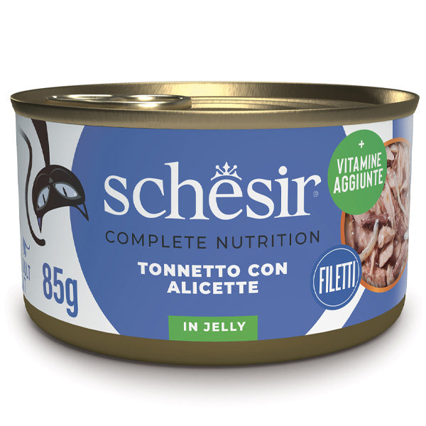 Schesir Tonnetto Con Alicette In Gelatina Cibo Umido Gatto Adulto Lattina 85 g-1