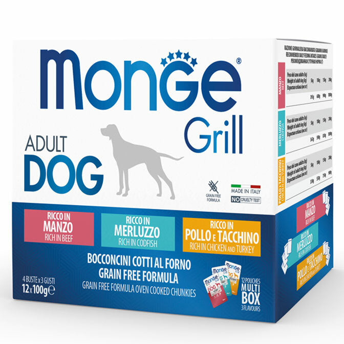 Monge Grill Adult Multibox Mix Manzo Merluzzo Pollo Tacchino Per Cani Adulti 12 Bustine-2