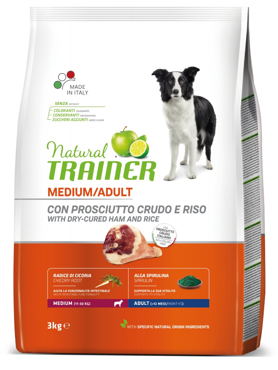 Natural Trainer Crocchette Prosciutto Crudo/Riso Per Cani Adulti Taglia Media Sacco 3kg-2