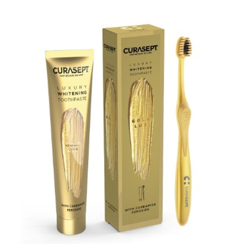Curasept gold luxury dentifricio sbiancante 75ml+ spazzolino-1