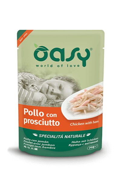 Oasy Wet Cat Pollo Con Prosciutto Cibo Umido Naturale Gatti Adulti Lattina 70g-2