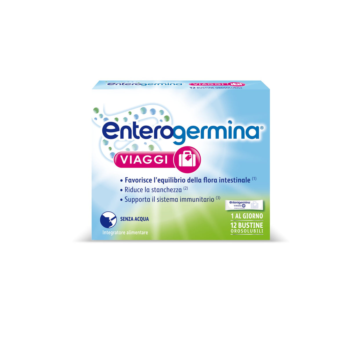 Enterogermina Viaggi, Integratore Alimentare Regolarità Intestinale con Probiotici Vitamina A, B12, B6, B9 e Vitamina D 12 bustine-13