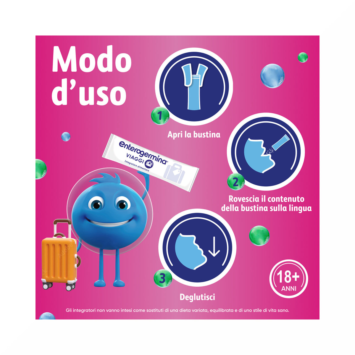 Enterogermina Viaggi, Integratore Alimentare Regolarità Intestinale con Probiotici Vitamina A, B12, B6, B9 e Vitamina D 12 bustine-18