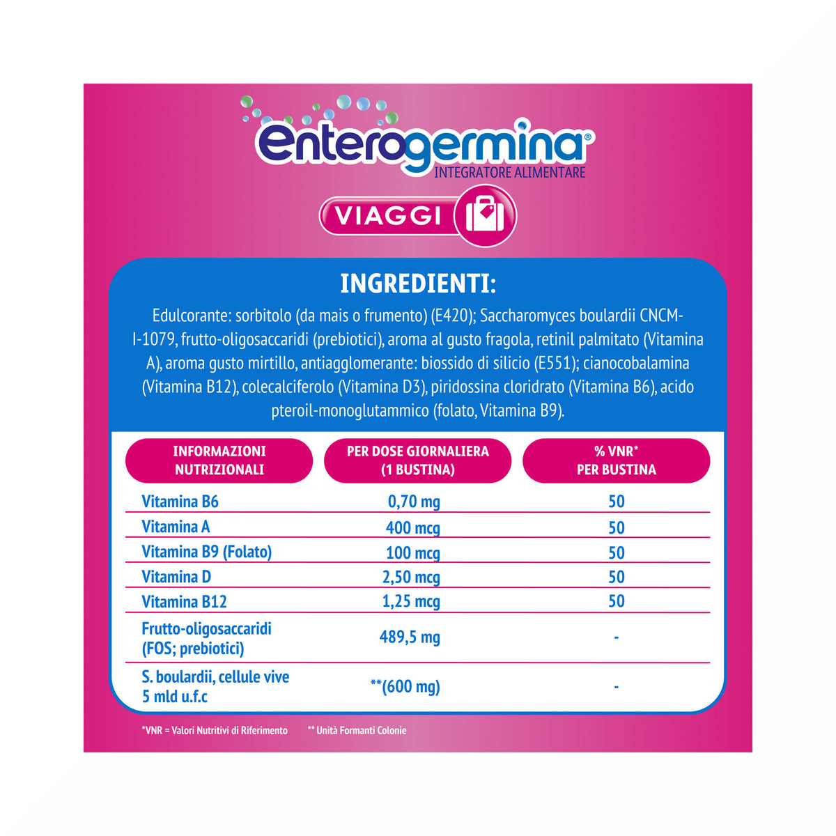 Enterogermina Viaggi, Integratore Alimentare Regolarità Intestinale con Probiotici Vitamina A, B12, B6, B9 e Vitamina D 12 bustine-20
