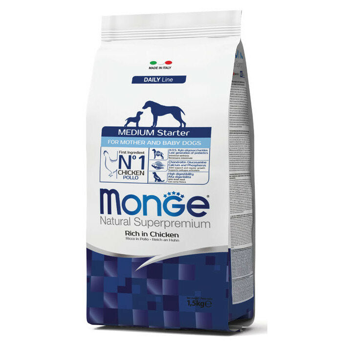 Monge Ricco di Pollo Cibo Secco Per Cani Cuccioli Di Taglia Media Svezzamento Sacco 1,5Kg-2