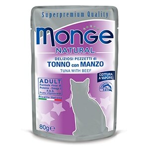 Monge Natural Superpremium Cotti A Vapore Tonno E Manzo Cibo Umido Per Gatti Adulti 80g-2