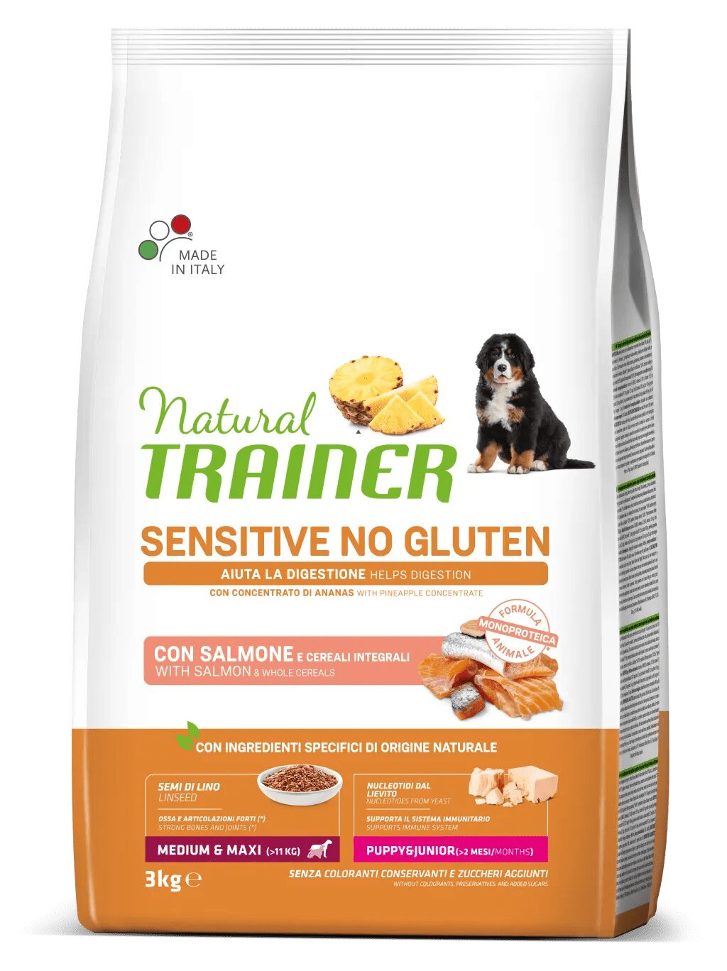 Natural Trainer Sensitive No Gluten Crocchette Con Salmone Per Cani Cuccioli Media/Grande Sacco 3kg-1