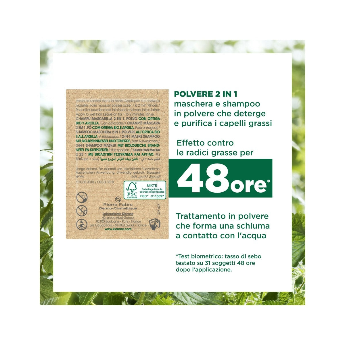 Klorane Shampoo maschera 2 in 1 Polvere all'Ortica BIO e all'Argilla cuoio capelluto grasso 24g-7