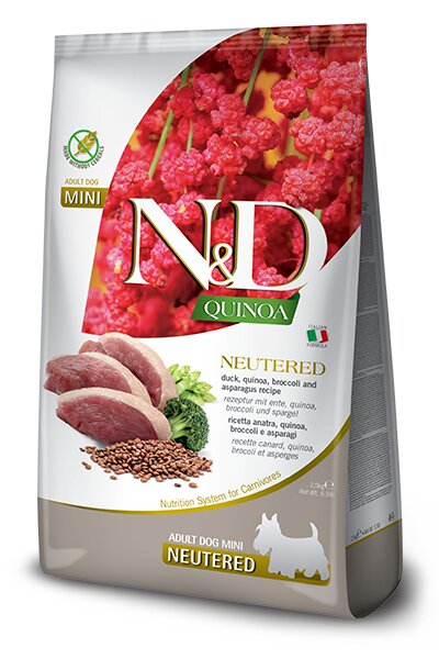 Farmina N&D Quinoa Dog Anatra Broccoli Asparagus Neutered Per Cani Adulti Taglia Mini Sacco 7kg-1