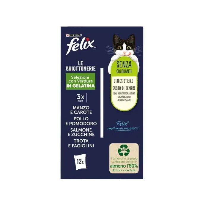 Purina Felix Le Ghiottonerie Manzo/Pollo /Salmone/Trota Con Verdure Cibo Umido Gatti Adulti Busta 12-3