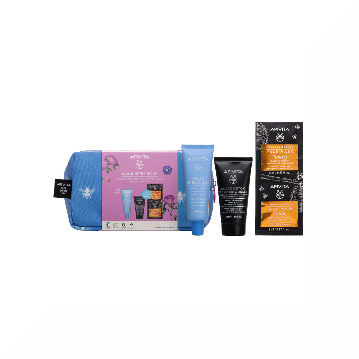 Apivita Aqua Beelicious Crema Idratante Colorata Healthy Glow SPF30+Gel detergente Viso+ Maschera+ Pochette-2
