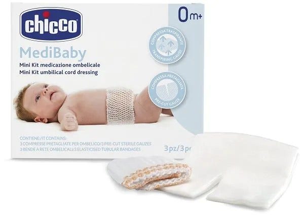 Mini Kit Medicazione Ombelicale Chicco Medibaby 3 Bende a Rete Elastica Calibro 6 + 3 Garze Ombelicali Tnt 10x10 cm-1