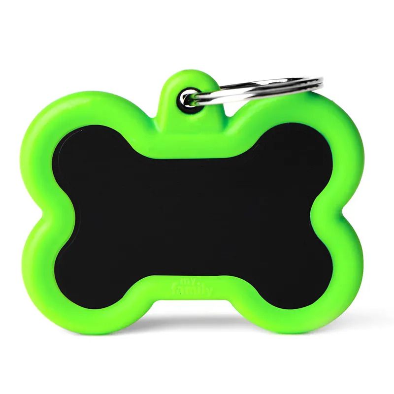 Medaglietta Per Cani E Gatti Personalizzata Osso In Alluminio Nero Con Gomma Verde-1
