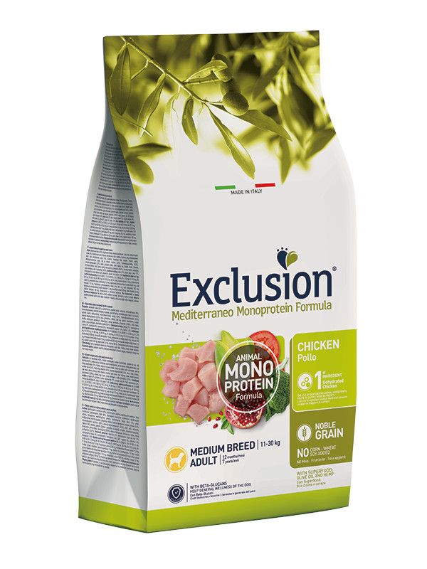Exclusion Mediterraneo Monoprotein Noble Grain Crocchette Pollo Cani Adulti Taglia Media Sacco 12kg-1