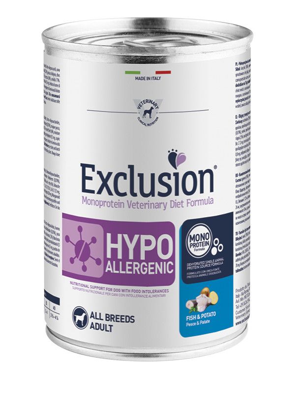 Exclusion Monoprotein Veterinary Diet Hypoallergenic Umido Pesce/Patate Cani Lattina 400g-1
