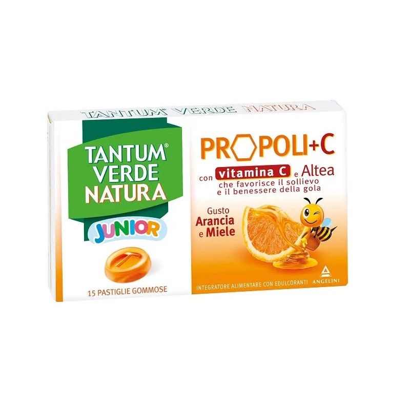 Tantum Verde Natura Junior Propoli+C per il benessere della gola 15 pastiglie gommose gusto arancia-1
