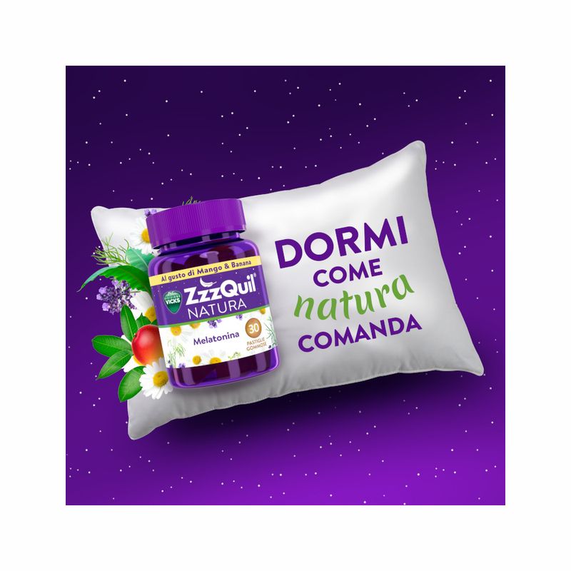 ZzzQuil NATURA Per Dormire 30 Gommose Mango Banana con Melatonina Camomilla Valeriana Lavanda-6